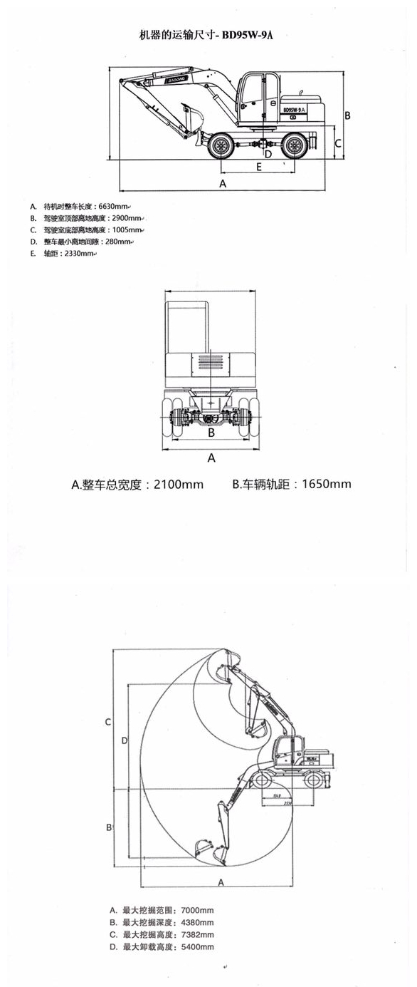 輪式95挖掘機(jī)工作參數(shù)圖